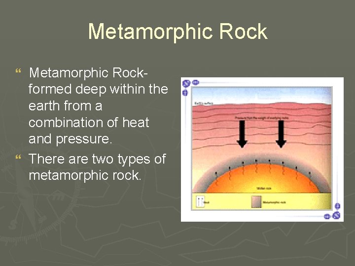 Metamorphic Rockformed deep within the earth from a combination of heat and pressure. }