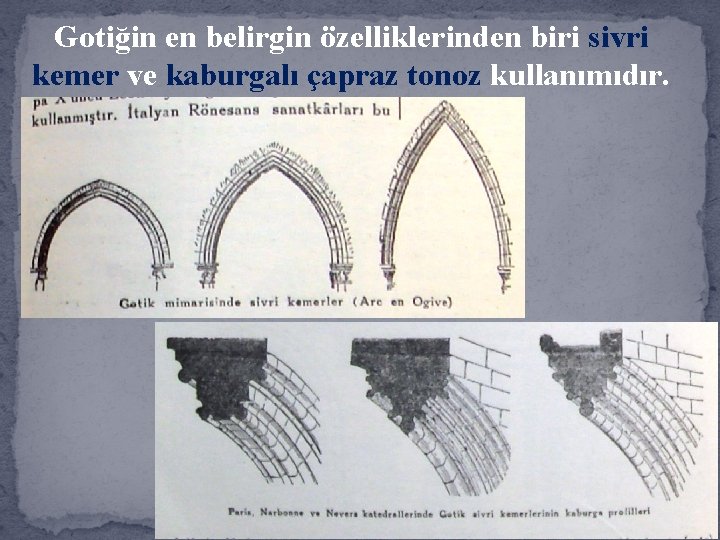 Gotiğin en belirgin özelliklerinden biri sivri kemer ve kaburgalı çapraz tonoz kullanımıdır. 