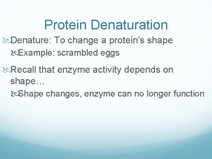 Protein Denaturation Denature: To change a protein’s shape Example: scrambled eggs Recall that enzyme Protein Denaturation Denature: To change a protein’s shape Example: scrambled eggs Recall that enzyme