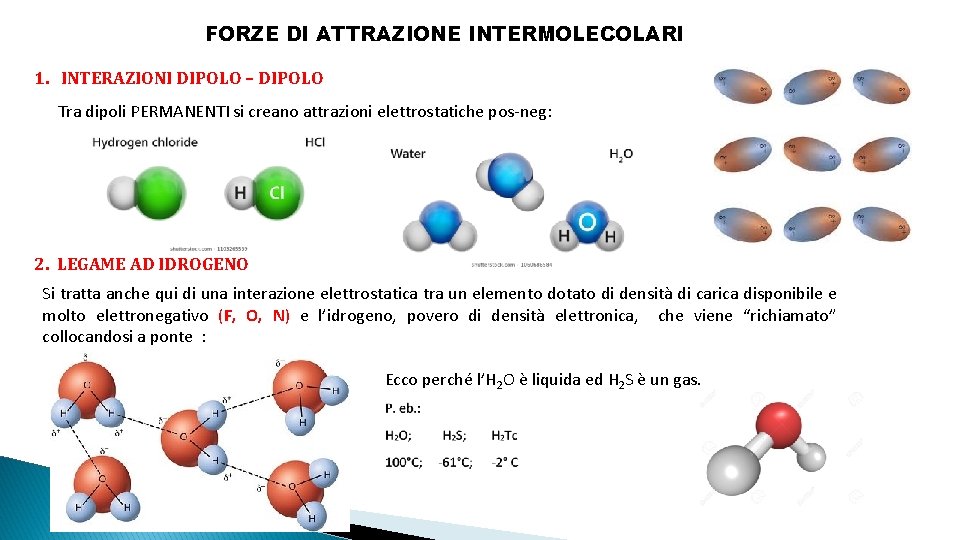 FORZE DI ATTRAZIONE INTERMOLECOLARI 1. INTERAZIONI DIPOLO – DIPOLO Tra dipoli PERMANENTI si creano