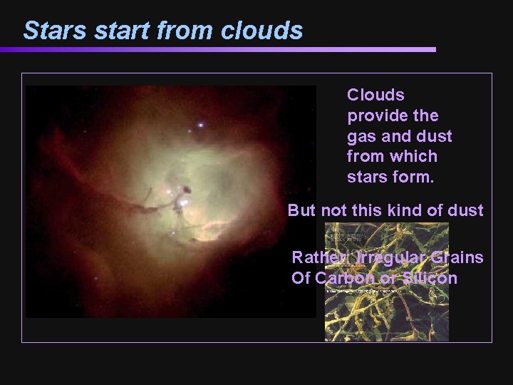 Stars start from clouds Clouds provide the gas and dust from which stars form.