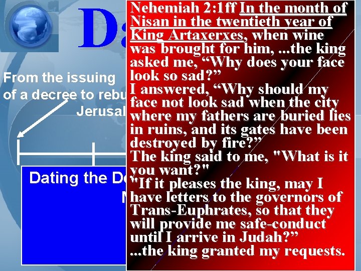 Daniel 9 Nehemiah 2: 1 ff In the month of Nisan in the twentieth