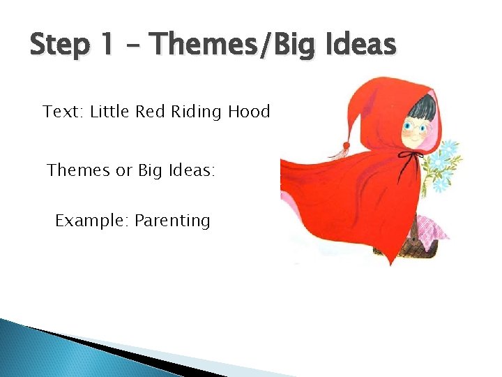 Step 1 – Themes/Big Ideas Text: Little Red Riding Hood Themes or Big Ideas: