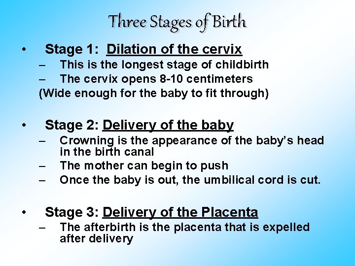 Three Stages of Birth • Stage 1: Dilation of the cervix – This is