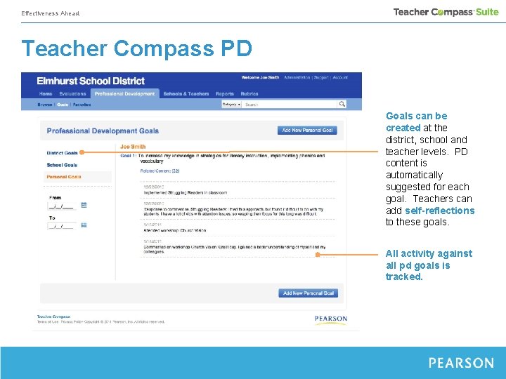 Effectiveness Ahead. Teacher Compass PD Goals can be created at the district, school and