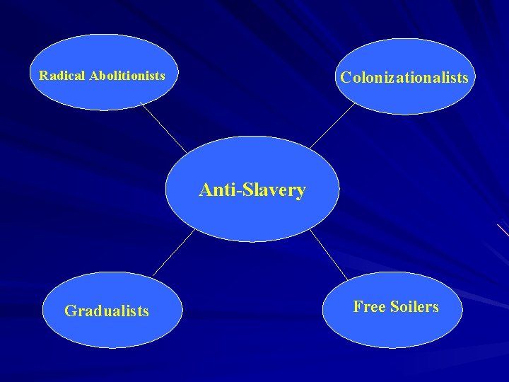 Radical Abolitionists Colonizationalists Anti-Slavery Gradualists Free Soilers 