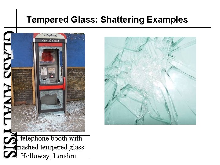 Tempered Glass: Shattering Examples A telephone booth with smashed tempered glass in Holloway, London.