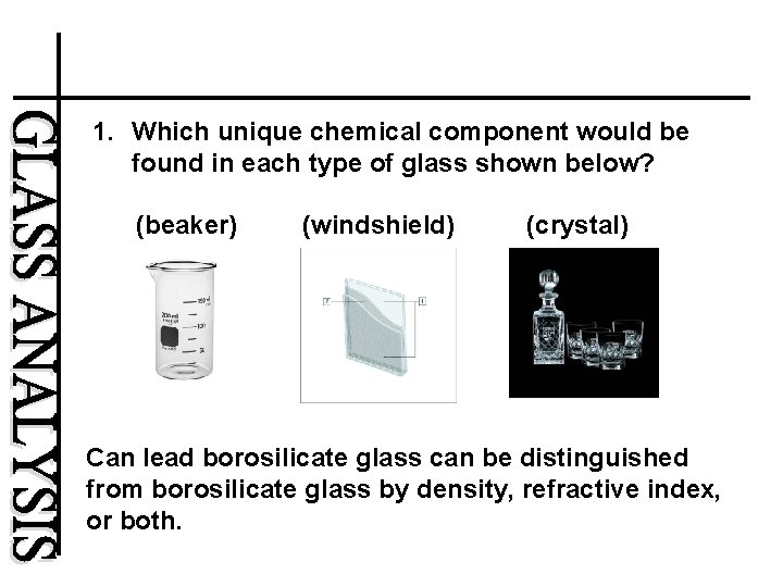 1. Which unique chemical component would be found in each type of glass shown