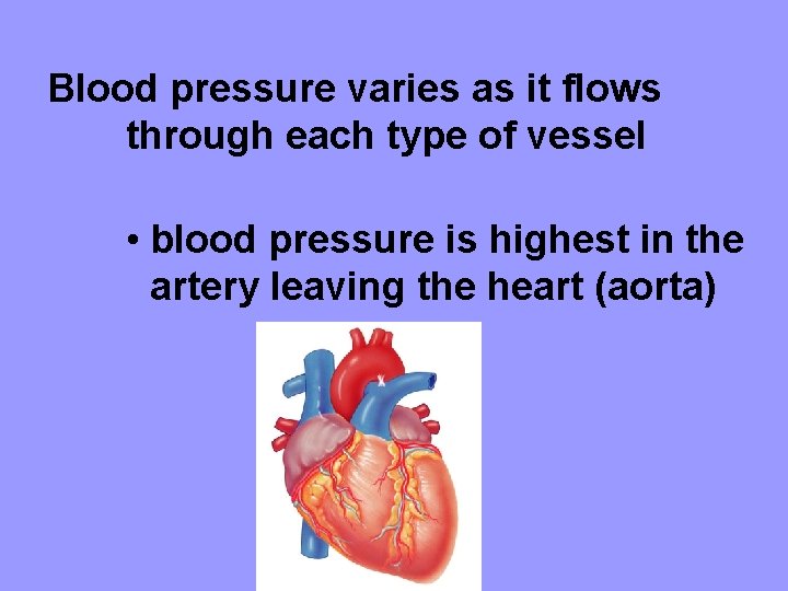 Blood pressure varies as it flows through each type of vessel • blood pressure