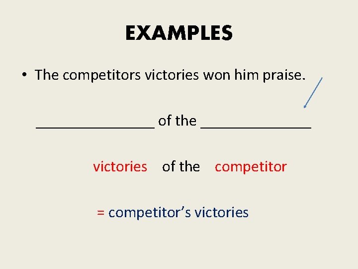 EXAMPLES • The competitors victories won him praise. ________ of the _______ victories of