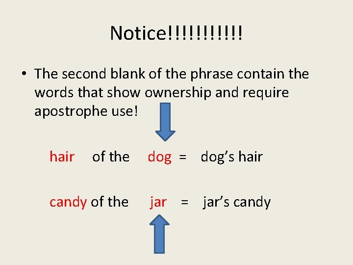 Notice!!!!!! • The second blank of the phrase contain the words that show ownership