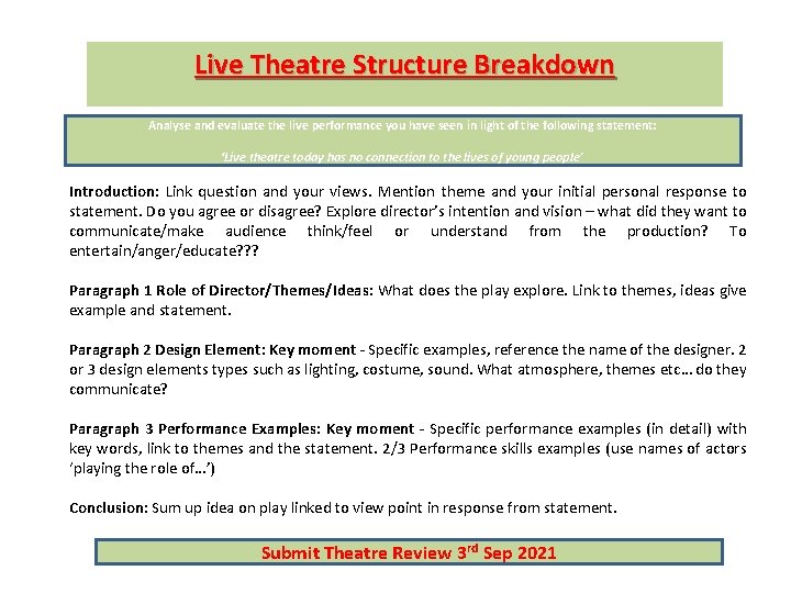 Live Theatre Structure Breakdown Analyse and evaluate the live performance you have seen in