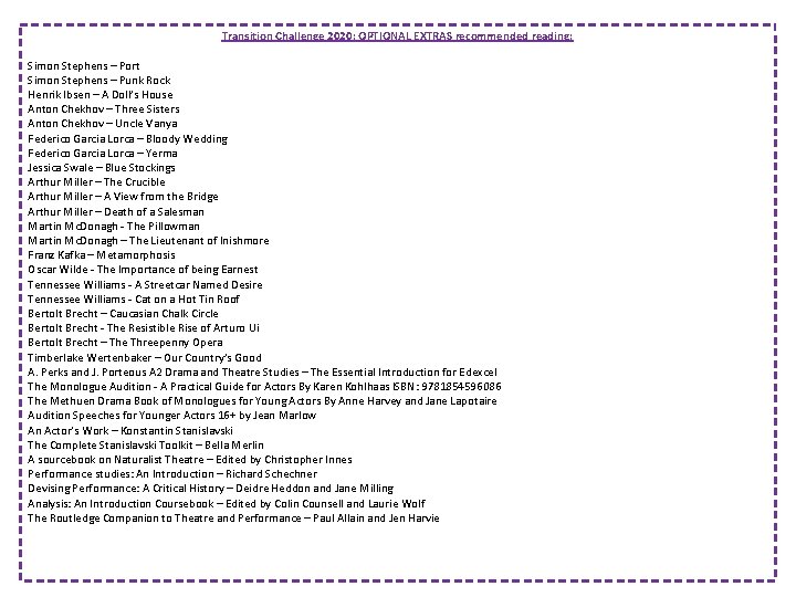 Transition Challenge 2020: OPTIONAL EXTRAS recommended reading: Simon Stephens – Port Simon Stephens –