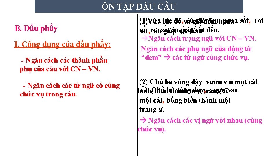 ÔN TẬP DẤU C U B. Dấu phẩy I. Công dụng của dấu phẩy: