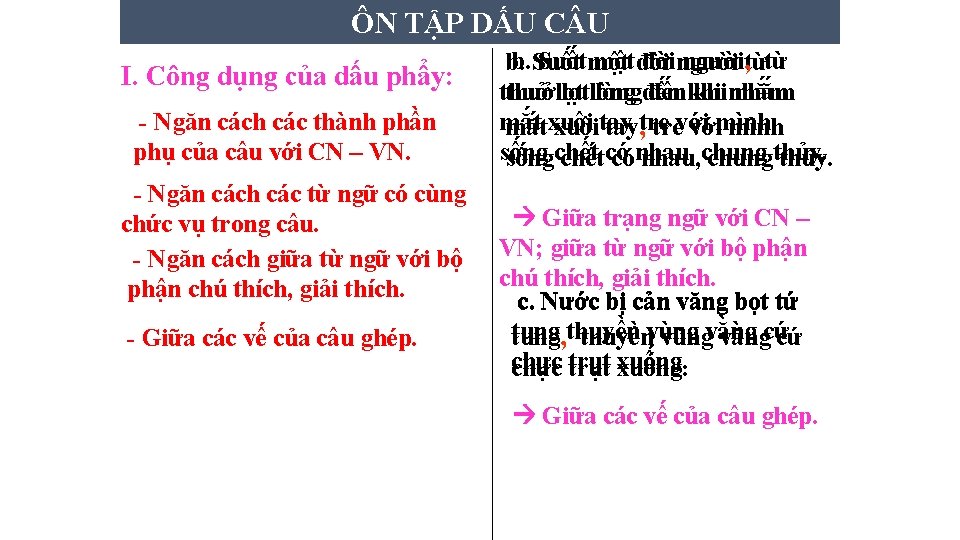 ÔN TẬP DẤU C U I. Công dụng của dấu phẩy: - Ngăn cách