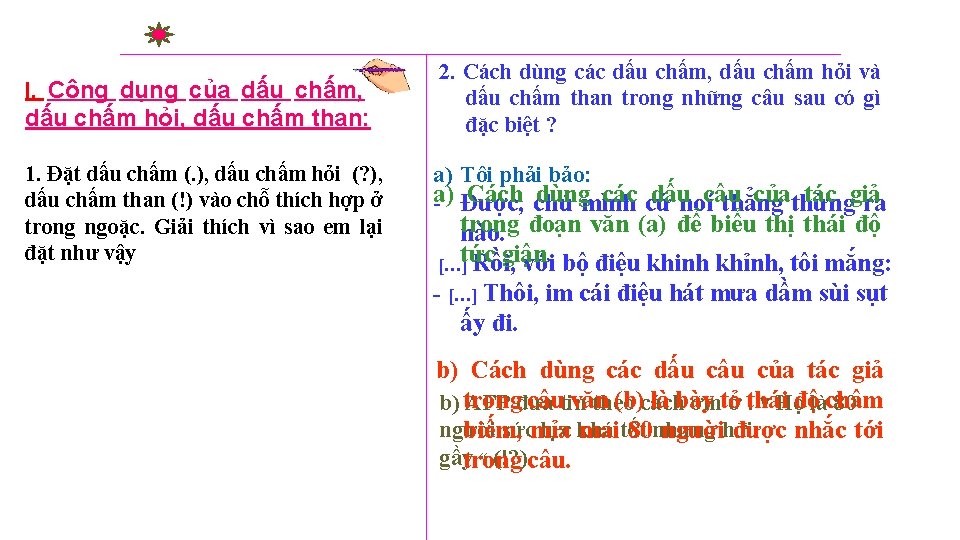 I. Công dụng của dấu chấm, dấu chấm hỏi, dấu chấm than: 1. Đặt