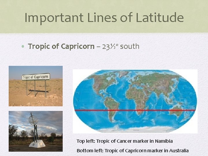 Important Lines of Latitude • Tropic of Capricorn – 23½º south Top left: Tropic