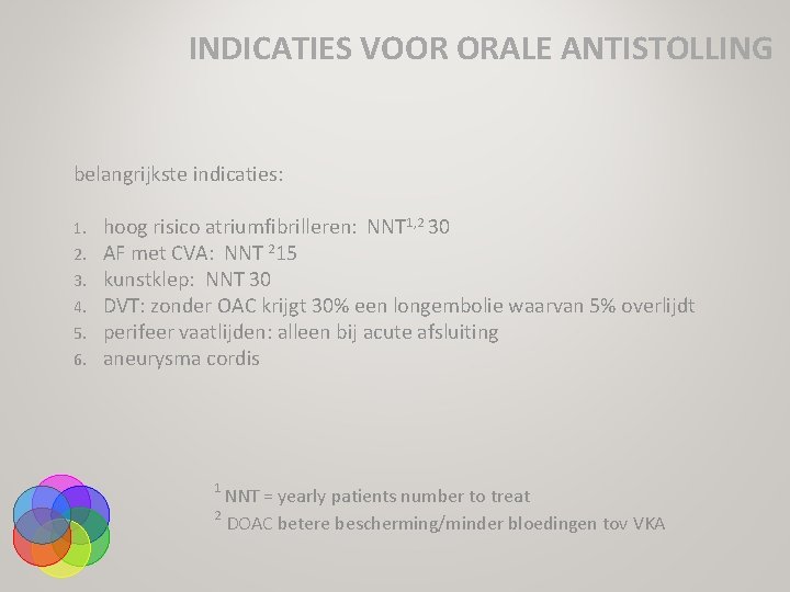 INDICATIES VOOR ORALE ANTISTOLLING belangrijkste indicaties: 1. 2. 3. 4. 5. 6. hoog risico