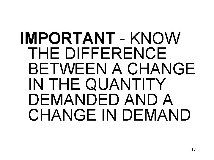 IMPORTANT - KNOW THE DIFFERENCE BETWEEN A CHANGE IN THE QUANTITY DEMANDED AND A