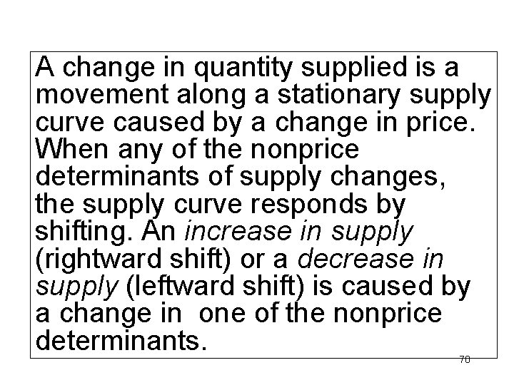 A change in quantity supplied is a movement along a stationary supply curve caused