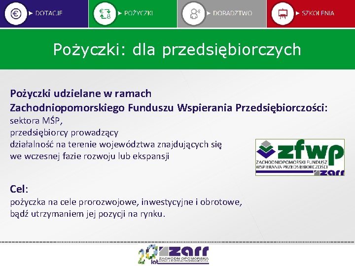 Pożyczki: dla przedsiębiorczych Pożyczki udzielane w ramach Zachodniopomorskiego Funduszu Wspierania Przedsiębiorczości: sektora MŚP, przedsiębiorcy