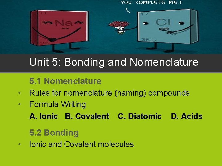 Unit 5: Bonding and Nomenclature 5. 1 Nomenclature • • Rules for nomenclature (naming)