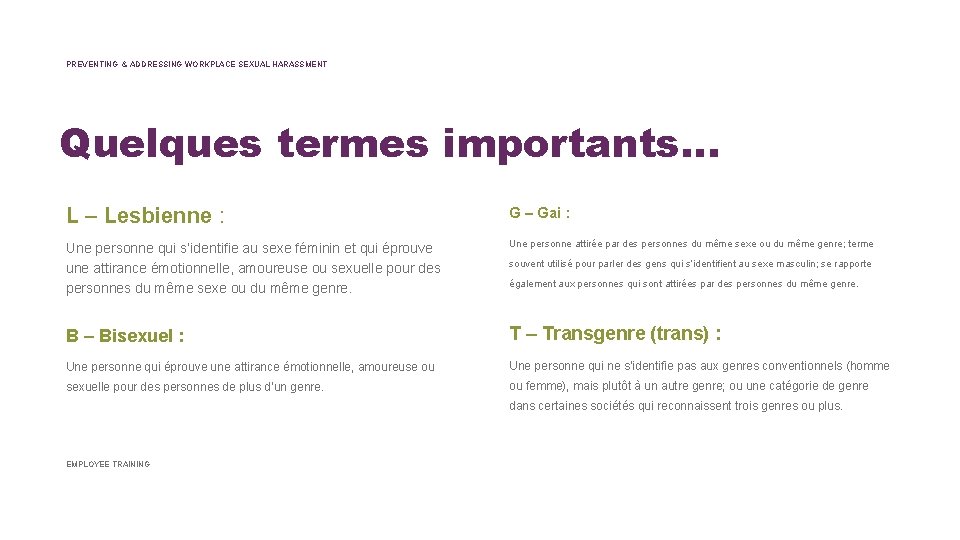PREVENTING & ADDRESSING WORKPLACE SEXUAL HARASSMENT Quelques termes importants… L – Lesbienne : G