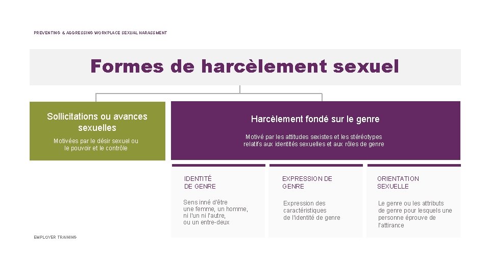 PREVENTING & ADDRESSING WORKPLACE SEXUAL HARASSMENT Formes de harcèlement sexuel Sollicitations ou avances sexuelles