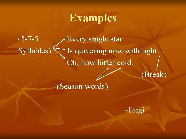 Examples (5 -7 -5 Syllables) Every single star Is quivering now with light… Oh,