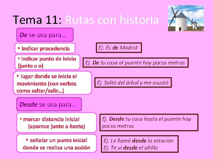 Tema 11: Rutas con historia De se usa para… • indicar procedencia • indicar