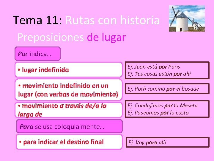 Tema 11: Rutas con historia Preposiciones de lugar Por indica… • lugar indefinido Ej.