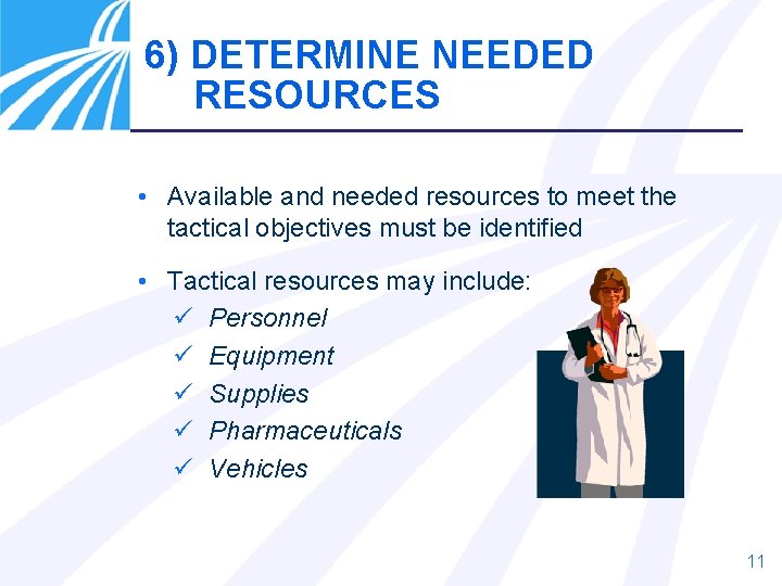 6) DETERMINE NEEDED RESOURCES • Available and needed resources to meet the tactical objectives