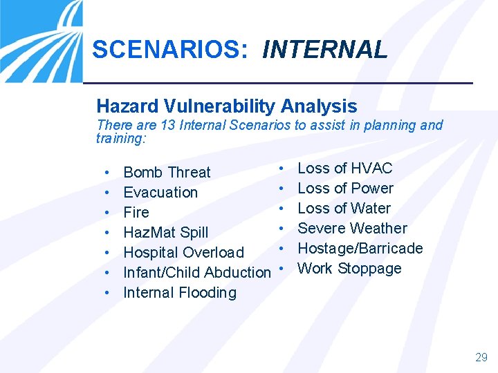 SCENARIOS: INTERNAL Hazard Vulnerability Analysis There are 13 Internal Scenarios to assist in planning