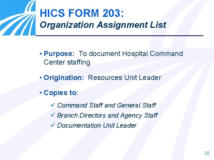 HICS FORM 203: Organization Assignment List • Purpose: To document Hospital Command Center staffing