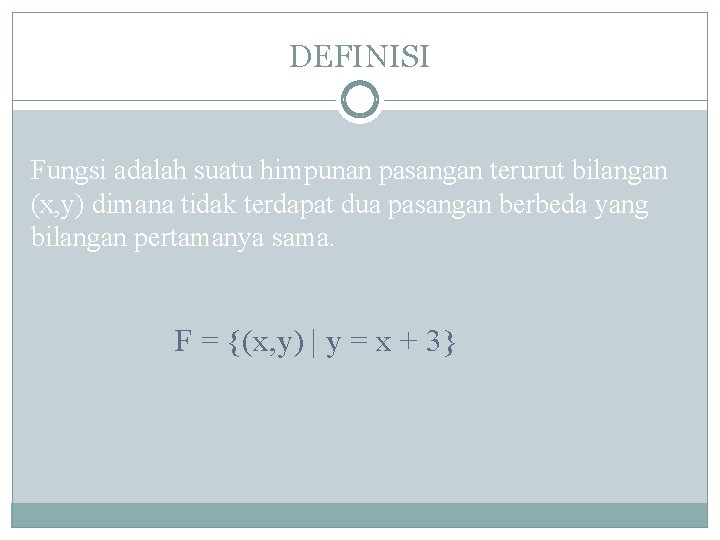 DEFINISI Fungsi adalah suatu himpunan pasangan terurut bilangan (x, y) dimana tidak terdapat dua