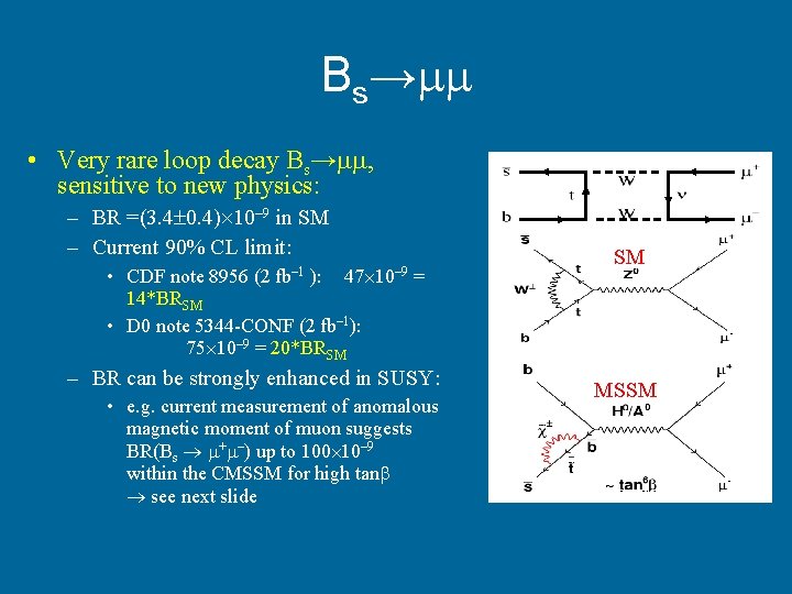 Bs→ • Very rare loop decay Bs→ , sensitive to new physics: – BR