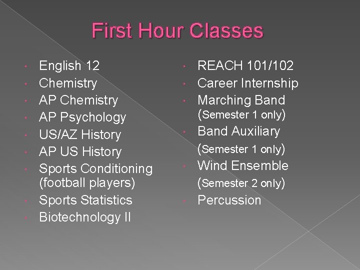 First Hour Classes English 12 Chemistry AP Psychology US/AZ History AP US History Sports