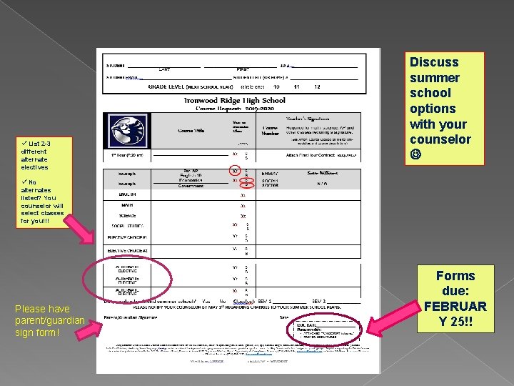 ü List 2 -3 different alternate electives Discuss summer school options with your counselor