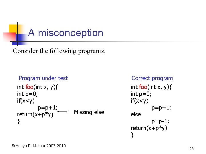 A misconception Consider the following programs. Program under test Correct program int foo(int x,