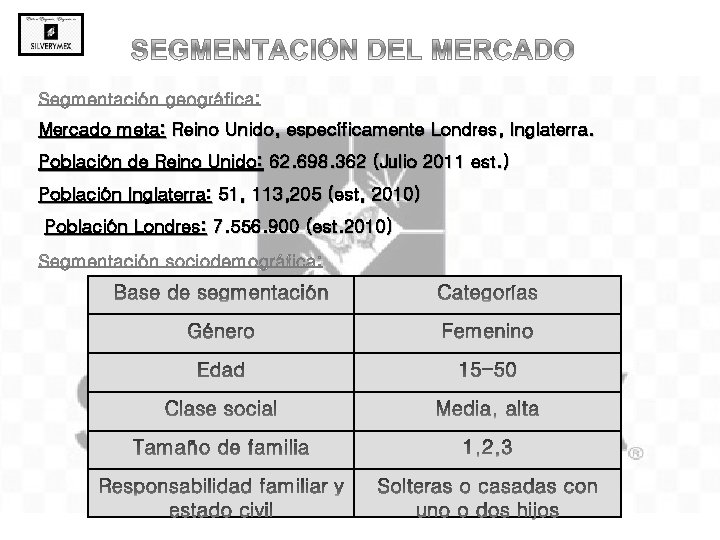 Mercado meta: Reino Unido, específicamente Londres, Inglaterra. Población de Reino Unido: 62. 698. 362