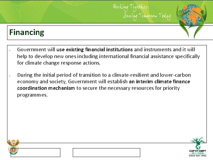 Financing • • Government will use existing financial institutions and instruments and it will