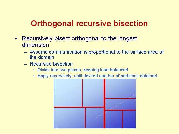 Orthogonal recursive bisection • Recursively bisect orthogonal to the longest dimension – Assume communication Orthogonal recursive bisection • Recursively bisect orthogonal to the longest dimension – Assume communication