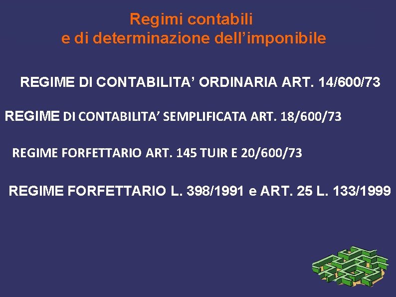 Regimi contabili e di determinazione dell’imponibile REGIME DI CONTABILITA’ ORDINARIA ART. 14/600/73 REGIME DI