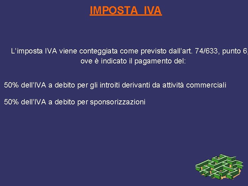 IMPOSTA IVA L’imposta IVA viene conteggiata come previsto dall’art. 74/633, punto 6, ove è