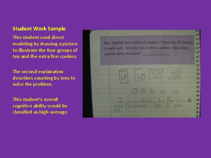 Student Work Sample This student used direct modeling by drawing a picture to illustrate