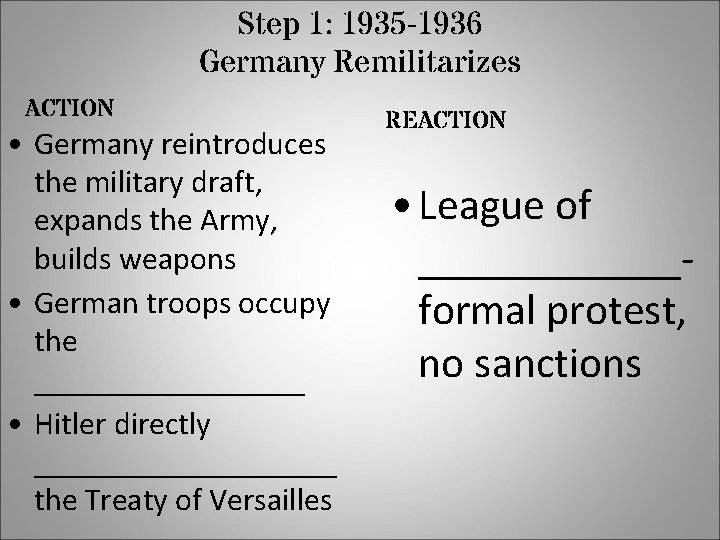 Step 1: 1935 -1936 Germany Remilitarizes ACTION • Germany reintroduces the military draft, expands