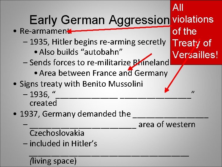 All Early German Aggression violations • Re-armament of the – 1935, Hitler begins re-arming