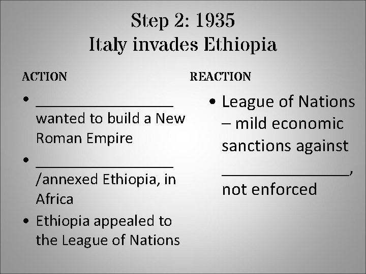 Step 2: 1935 Italy invades Ethiopia ACTION • _________ wanted to build a New