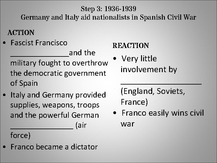 Step 3: 1936 -1939 Germany and Italy aid nationalists in Spanish Civil War ACTION