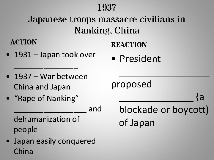 1937 Japanese troops massacre civilians in Nanking, China ACTION • 1931 – Japan took